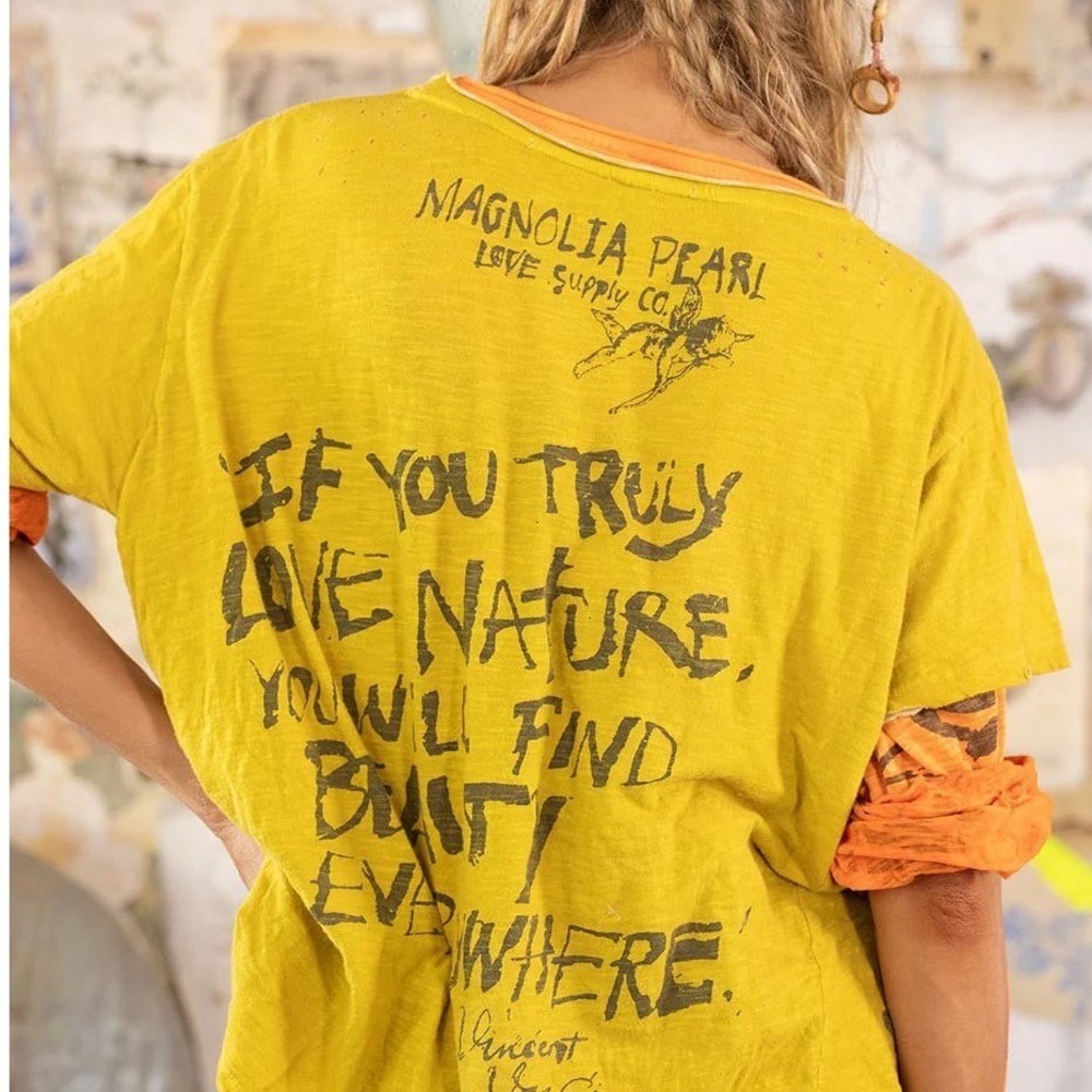 Magnolia Pearl Van Gogh Love Nature Short Sleeve Yellow Distressed Tee Shirt NWT - Picture 7 of 8